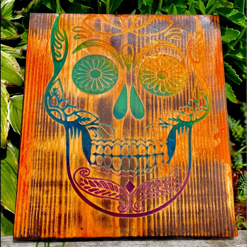 Sugar Skull Epoxy Wood Carved Sign